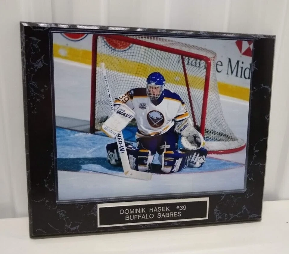 Dominik Hasek-Buffalo Sabres-10 1/2 x 13 Black Marble Plaque With 8x10 Photo - Image 1 of 2