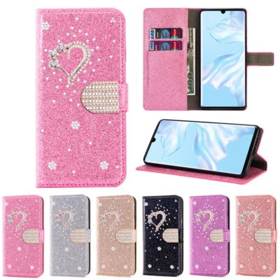 Glitter Wallet Case Diamond Heart Flip Cover for Samsung S23 FE/S23+/S22+ Ultra - Image 1 of 4