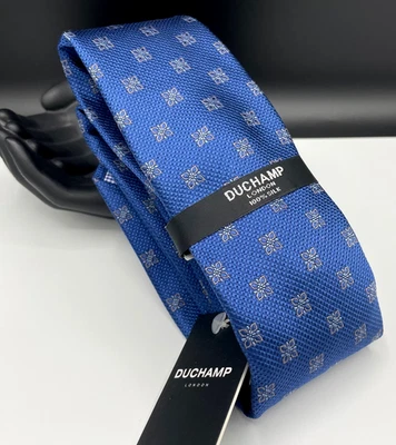 DUCHAMP London 男式 100% 真丝领带 ~ 蓝色 ~ 花卉 ~ 手工制作 ~ 全新! — 第 1/3 张图片