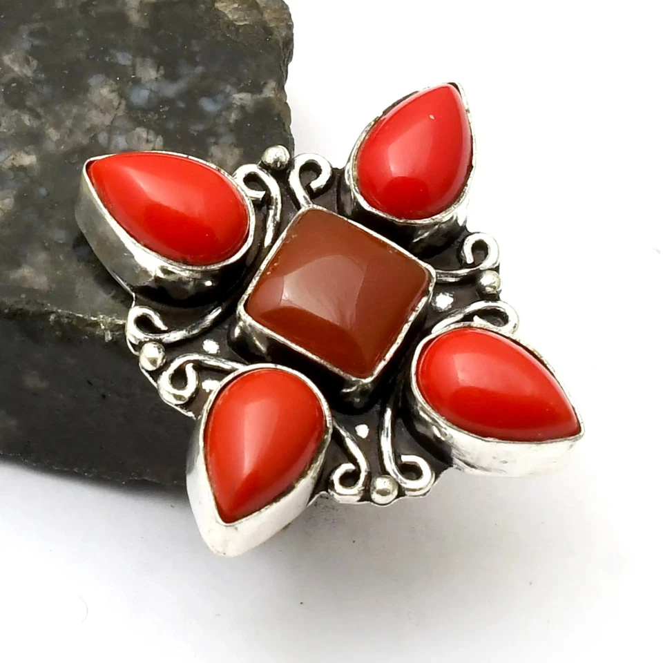Carnelian 珊瑚宝石民族手工戒指珠宝礼品美国尺寸 8 AR 42956 — 第 1/1 张图片