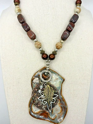 Glazed Porcelain Slab Pendant Mixed Metal Charms Red Jasper Marble Necklace - Image 1 of 4