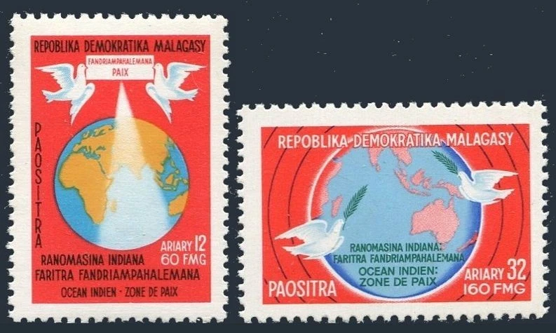 Malagasy 575-576, MNH. Michel 820-821. Indian Ocean-Zone-Peace. Map, Dove, 1976. - Image 1 of 1