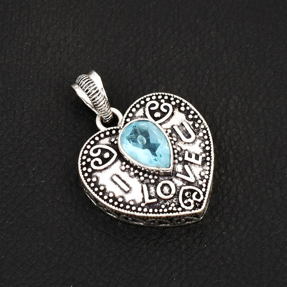 Blue Topaz Gemstone Handmade Heart Pendant Jewelry Gift For Women 1.52" AP-33117 - Image 1 of 1