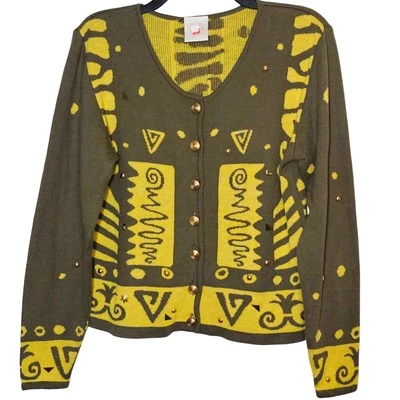 Mondi Vintage 80s Sweater Geometric Green/Yellow Embellished Retro Casual 38 Med - Image 1 of 4