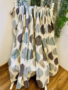 Blue Beige Brown Leafy Patterned Linen Blend Curtains Each 86Wx52D Lined Bay P.P - Picture 1 of 12
