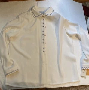 NWT Koret Blouse Button Up Shirt womens 14 White Ivory Embroidered Collar/cuffs - Picture 1 of 7