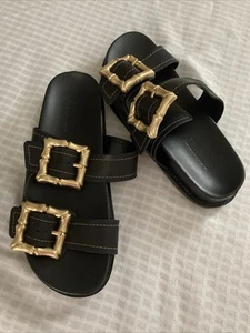 Schutz Enola Sporty Leather Sandals Women 7.5 Black Gold Buckles Flatform - Picture 1 of 9