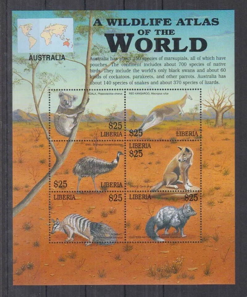 130.LIBERIA STAMP S/S WILDLIFE ATLAS OF THE WORLD (AUSTRALIA) KANGAROO, KOALA - Image 1 of 1