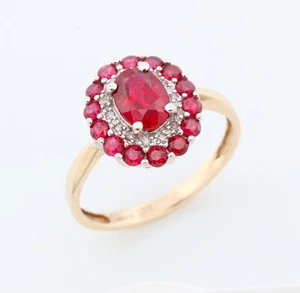 Solid 9ct Yellow Gold Ruby & Diamond Halo Cluster Dress Ring - Size O - Bild 1 von 6