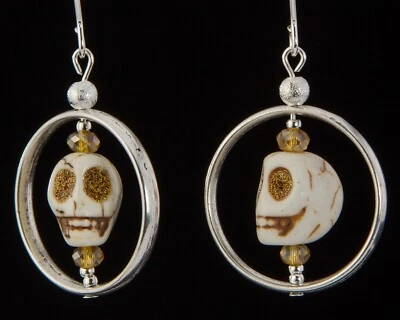 Bone White Howlite Skull Earrings Silver Hoop Crystals Drop Hook Steampunk S0004 - Image 1 of 4
