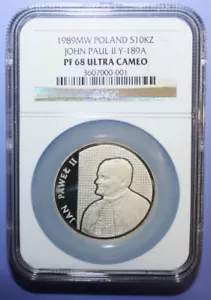 S3 - Poland 10000 Zlotych 1989MW NGC PF-68 ULTRA CAMEO Sil Coin *** RARE PIEFORT - Picture 1 of 5