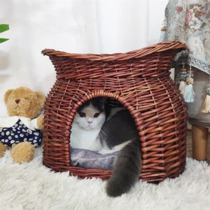 2-Tier Wicker Cat Basket Sleeping Cave Bed Pet Play House with 2 Soft Cushion - Picture 1 of 12
