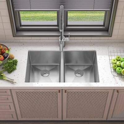 Sinber 32" Undermount Double Bowl 304 Stainless Steel Kitchen Sink HU3219D-S-16E - Image 1 of 4