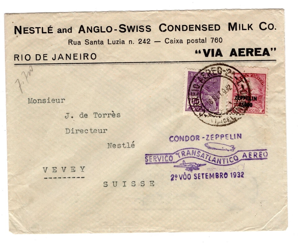 Brazil 1932 to Switzerland Condor Zeppelin Flight Cover With Backstamp - Image 1 of 2