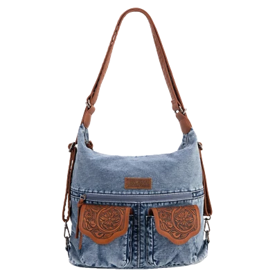 Bolso hobo vaquero de mezclilla Wrangler para dama con herramientas florales WG103-2008JN Foto 1 de 4