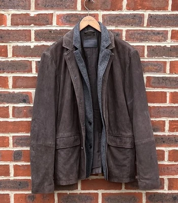 AllSaints Mens SHORLEY Leather Jacket LARGE Blazer Brown Grey Biker All Saints - Image 1 of 4