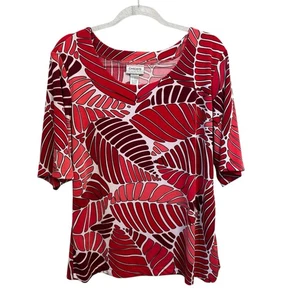 CHICO'S Traveler's Size 3 US XL Slinky Knit Leaf Print Scoop Neck Elbow Sleeves - Picture 1 of 6