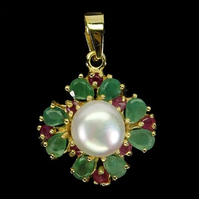 925 Sterling Silver Pendant Pear Emerald 4x3mm Pearl Ruby Gemstone Jewelry - Image 1 of 4