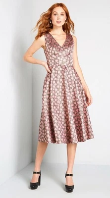Modcloth That's My Gala Fit And Flare Pink Dots Dress 12 Metallic Party Holiday - Image 1 of 4