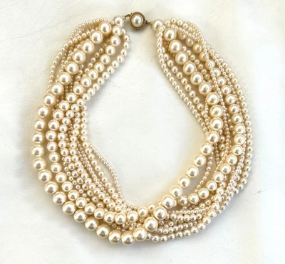 Vintage Multi Strand Faux Pearl Torsade Choker Necklace - Image 1 of 4