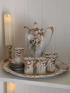 RS Prussia Fine Porcelain Tea Set Chocolate Pot Cups Saucers Lily Of The Valley - Picture 1 of 8