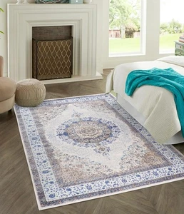 GLN Rugs Vona - Indoor, Machine Washable Area Rug Cream/Navy Home Rugs - Picture 1 of 48