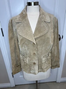 VINTAGE Suede Jacket Womens XL Tan Trucker Biker Western Genuine Leather Y2K - Picture 1 of 12