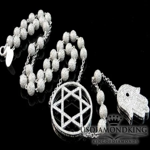 14k White Gold Finish Lab Diamond Ball 6 Point Star Hamsa Chain Rosary Necklace - Picture 1 of 7
