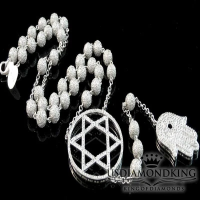 Collar Rosario Cadena Hamsa Estrella 6 Puntos Bola Diamante Laboratorio Acabado Oro Blanco 14k Foto 1 de 4