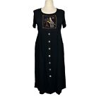 Vintage K Studio Dress Size 14 Black Crepe Embroidered Safari Back Tie Midi USA