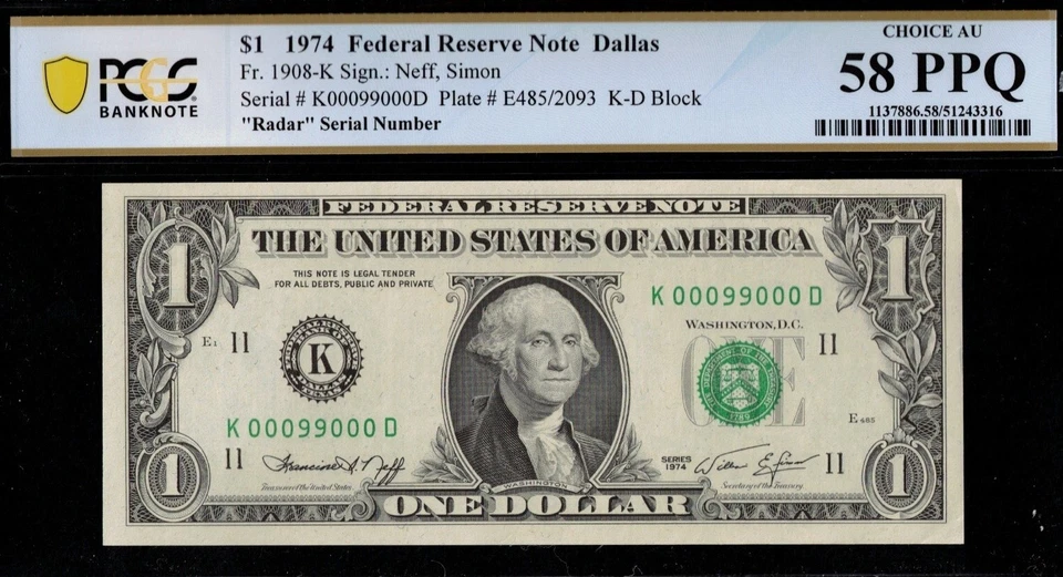 1974 $1 FRN K00099000D P.C.G.S #58PPQ - Image 1 of 3