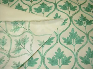 6 4/8 YDS  WILD FLOWER CREWEL EMBROIDERY AQUA DRAPERY UPHOLSTERY FABRIC FOR LESS - Picture 1 of 4