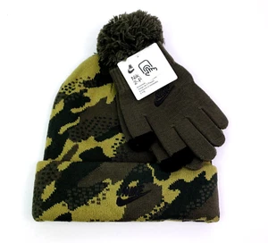Nike Boys Size 8-20 Green Camo Warm Winter Pom Beanie Gloves 2 Piece Set - Picture 1 of 4