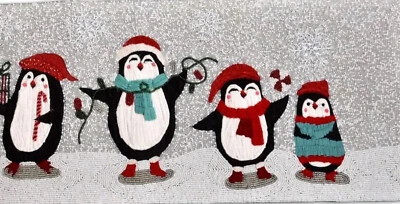 Penguins Beaded Winter Holidays Christmas Table Runner 13X36” Let It Snow - Image 1 of 2