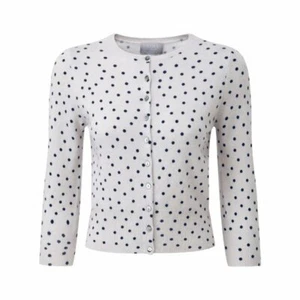 Pure 100% CASHMERE CARDIGAN whisper / navy Katrina crop polka dot bnwt UK10 eu36 - Picture 1 of 3