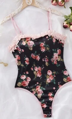 De Colección Estilo Sedoso Elastizado Satén Peluche Body Lencería L Sexy Negro con Estampado Floral Foto 1 de 4
