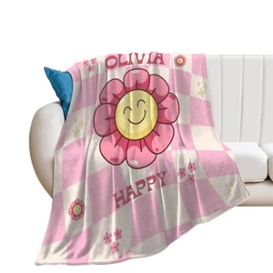 Personalized Groovy Pink and White Plaid Happy Flower Throw Blanket - Picture 1 of 7