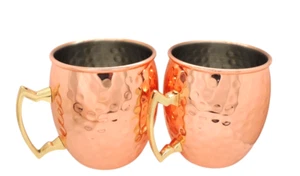 Pair Moscow Mule Hammered Copper Nickel Lined Mugs Brass Handles 16 oz - Picture 1 of 7