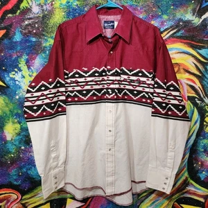 Vintage WRANGLER Western Shirt Southwest Aztec Pearl Snap Men's XL Maroon White - Picture 1 of 7