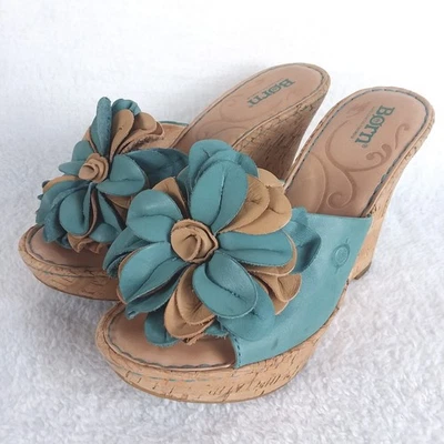 Born Lovina 坡跟凉鞋女式 7 蓝蓝色皮革花朵拖鞋软木厚底 — 第 1/4 张图片