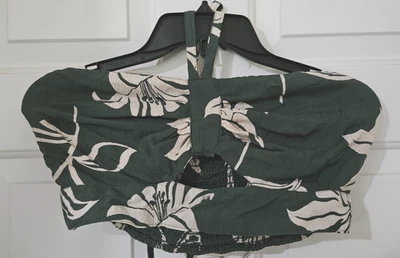 Angie green/Cream Floral Crop Top - gather Back with tie at neck  X-Large NWT - Image 1 of 4