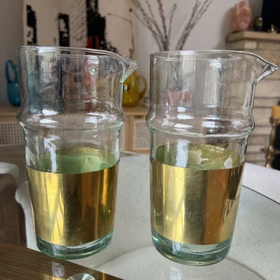 Hand-Blown Moroccan Beldi Glass Carafes Pair Gold Band Artisan Recycled Glass 8" - Image 1 of 4