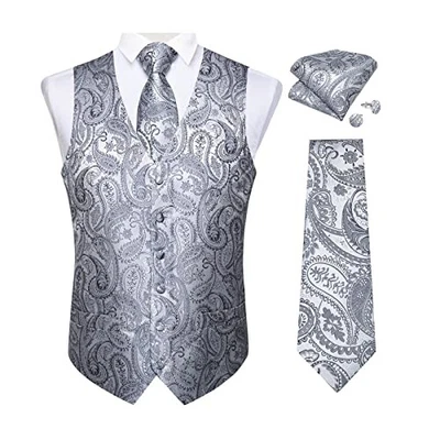  Mens Vest and Tie Set Formal Paisley Waistcoat and Necktie X-Large B Silver - Image 1 of 4