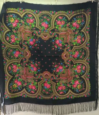 Vtg Wool Shawl Scarf Black Pavlovo Posad Pink & Green Floral Made In Russia READ - Image 1 of 4