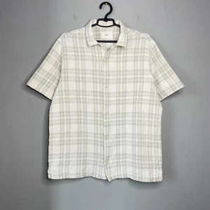 Folk Men’s White Linen/Cotton Blend Camp Collar Short-Sleeve Plaid Shirt Size L - Picture 1 of 13