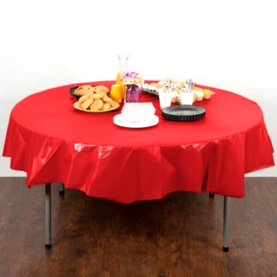 (12) CREATIVE CONVERTING 82" RED PLASTIC ROUND TABLE COVER SINGLE USE, USA MADE - Image 1 of 4