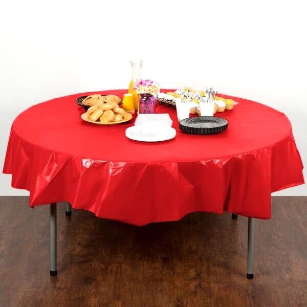 (12) CREATIVE CONVERTING 82" RED PLASTIC ROUND TABLE COVER SINGLE USE, USA MADE - Image 1 of 4