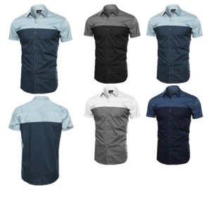 FashionOutfit Men's Casual Lightweigh Color Block Button Down Short Sleeve Shirt - Picture 1 of 10