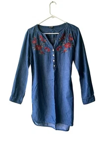 EXPRESS Blue Jean Denim Shirt DRESS Size SMALL Embroidered Cotton L/S - Picture 1 of 6