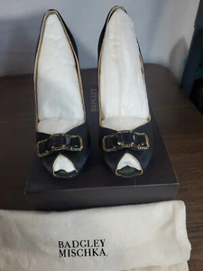 BADGLEY MISCHKA Shoes Black Silk Jeweled Peep-Toe Stiletto Heels Pumps 9M EXC CN - Picture 1 of 11